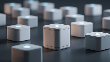 Poster - Group of square, light gray devices on a dark surface.