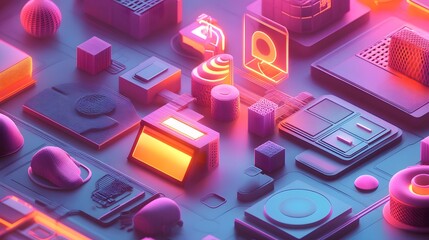 Poster - Abstract geometric shapes in vibrant neon light.