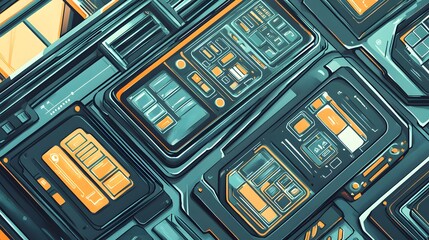 Poster - Futuristic panel design with vibrant colors and detailed interface elements.