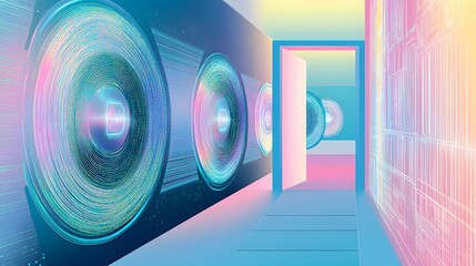 Poster - Abstract digital corridor with glowing circular elements.