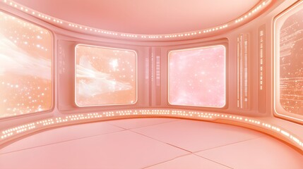 Poster - A futuristic, pinkish corridor with glowing displays.