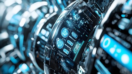 Poster - Close-up of a futuristic watch with glowing displays.