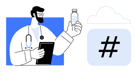 Poster - Doctor holding a tablet and medicine bottle, connected to a cloud data system icon. Ideal for healthcare, telemedicine, medical research, digital health, data management, technology, simple landing