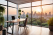 © Adi - Blur background of office interior with large windows with city urban view, plants, and wooden desks at sunset. Modern workplace and urban greenery concept. Design for poster, wallpaper. Spate.