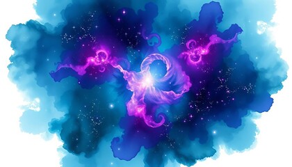 Wall Mural - Dark teal and violet watercolor nebula, glowing star clusters, mystical space, abstract design, white background, watercolor, universe