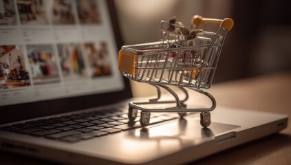 Aufkleber - Online shopping with miniature shopping cart on laptop