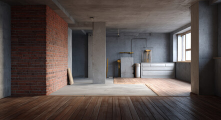 Poster - Spacious interior of modern unfinished room featuring concrete walls, wooden flooring, and exposed brick. atmosphere is calm