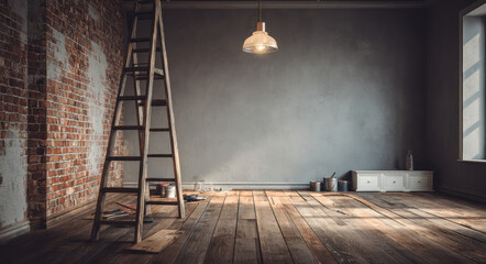 Poster - Rustic interior featuring wooden ladder, exposed brick walls, and warm light fixture creates cozy atmosphere. wooden floor