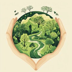 Wall Mural - human hands illustration landscape road trees
