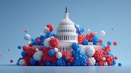 Poster - Capitol building surrounded by balloons illustrating a tech-scaled macro policy experiment hub for testing ideas