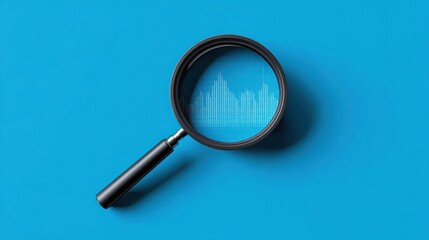 Poster - Magnifying glass with city skyline in background representing technical chart pattern recognition for financial analysis