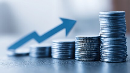 Poster - Stack of coins with an upward arrow signifying positive growth and investment opportunities in financial markets