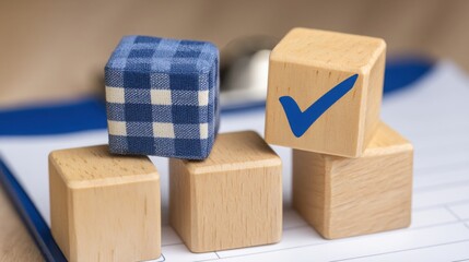 Poster - Wooden block with a blue tick mark indicating successful completion and reactive decision-making in playful context