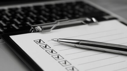 Poster - Pen resting on a checklist representing the concept of tracking recurring scope requests in organizational context