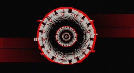 Poster - Distorted Red and White Geometric Spiral with Glitch Effects on Black Background
