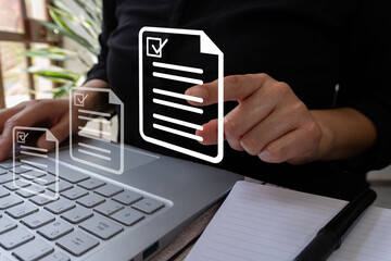 Poster - A person holding up an icon of documents and checking pens, with other icons representing online forms or question cards floating above the laptop keyboard. 