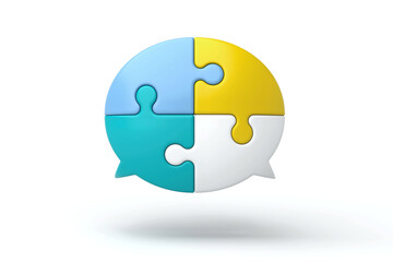 Poster - Colorful circular speech bubble puzzle divided into four parts, representing teamwork, discussion, connection, and unity, 3d rendering