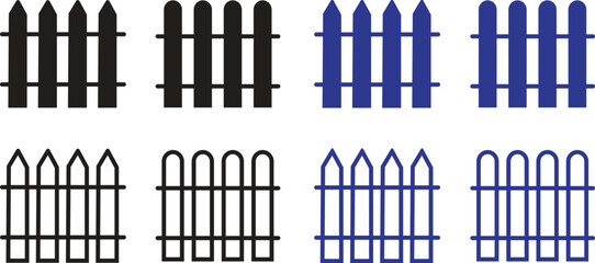 Poster - Fence, protection icons set flat and outline styles. Garden, outdoor, house or yard signs vectors. Wall exterior boundary, wooden symbols for web and mobile app isolated on transparent background.