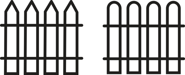 Poster - Fence, protection icons set in black outline styles. Garden, outdoor, house or yard signs vectors. Wall exterior boundary, wooden symbols for web and mobile app isolated on transparent background.