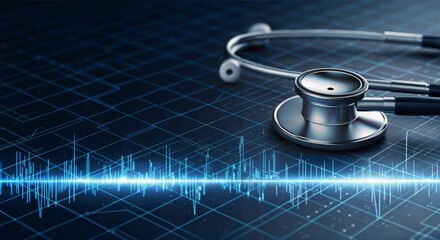 Poster - Stethoscope and digital health chart concept. Medical stethoscope with sound wave visualization in a digital setting.