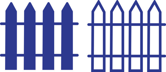 Poster - Fence, protection icons set blue flat, outline styles. Garden, outdoor, house or yard signs vectors. Wall exterior boundary, wooden symbols for web and mobile app isolated on transparent background.