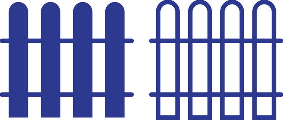 Poster - Fence, protection icons set blue flat, outline styles. Garden, outdoor, house or yard signs vectors. Wall exterior boundary, wooden symbols for web and mobile app isolated on transparent background.