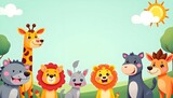 children's illustration with smiling cartoon animals such as giraffe, lion, elephant and zebra around the border frame