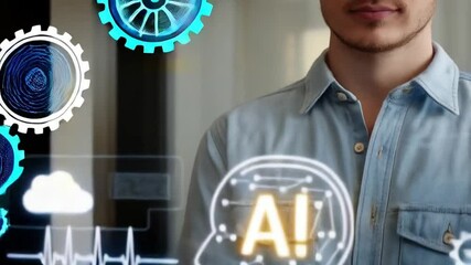 Aufkleber - Man presenting ai head icon with digital elements in his hands in front of a laptop computer