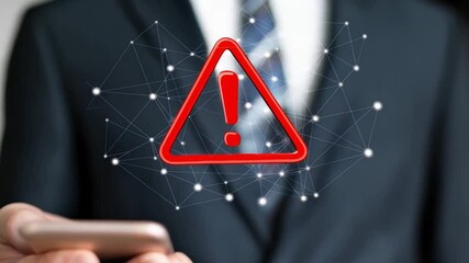 Poster - Man in suit holding phone with red warning sign and network connection overlay in digital space