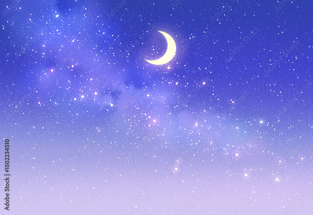 三日月と星空 背景イラスト素材 水彩 夜空 の Stock イラスト | Adobe