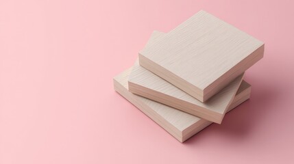 Poster - Three elegantly stacked wooden blocks rest on a soft pink background, showcasing a minimalist design. Perfect for branding, mockups, or artistic displays.