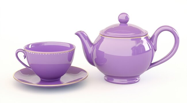 Lilac teacup and teapot set on white