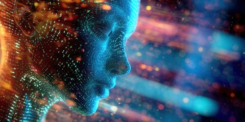 Poster - A 3D illustration of an AI robot head featuring glowing holographic effects. The artwork captures futuristic elements and vibrant colors, embodying the essence of technology and innovation.