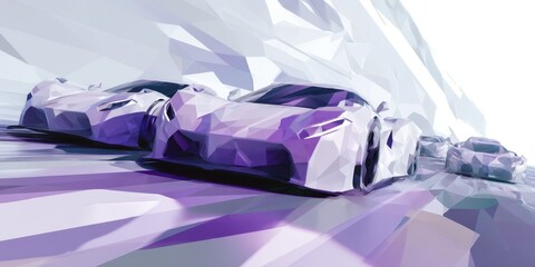 Poster - Explore a stunning digital artwork showcasing sleek electric cars designed in a low polygon style. The modern aesthetic combines vibrant colors and dynamic shapes, conveying speed and innovation.