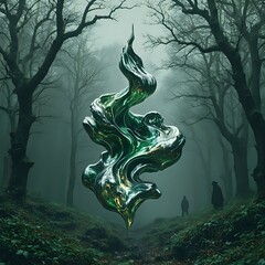 Wall Mural - the image features a surreal forest scene with a large, green, swirling, metallic object resembling 