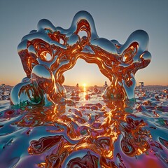 Wall Mural - the image showcases a surreal, three-dimensional scene with an abstract, glass-like structure reflec