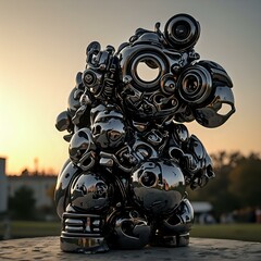 Wall Mural - an abstract, metallic sculpture resembling a character or figure, with various shapes and components