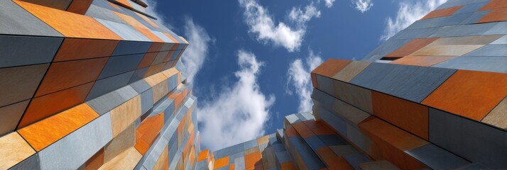 Aufkleber - Colorful Composite Panels Stacked Diagonally Create a Striking Visual Against a Bright Sky With Clouds Above