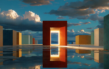 Wall Mural - Digital Art Sunset Landscape with Open Door and Colorful Cubes Reflecting in Water