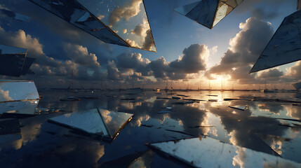 Wall Mural - Shattered Glass Reflection at Sunset Over Calm Water