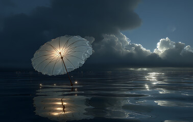 Wall Mural - White Umbrella in Calm Water at Sunset, Dark Clouds and Glowing Reflection