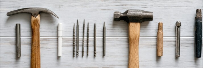 Aufkleber - Flatlay of Hammer and Nails Arranged on Wood Texture Background Showcasing Tools for Carpentry and DIY Projects
