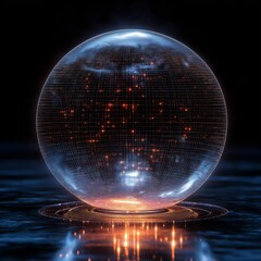 Wall Mural - 3D holographic wireframe object spinning in black void,generative ai illustration