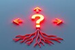 © Cherrin - Question mark and root cause analysis concept. Bright neon question mark with branching roots and arrows, symbolizing choices and exploration.