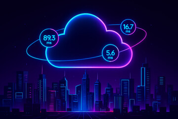 Fototapete - cloud gaming and latency concept. Futuristic city skyline with a glowing cloud and data metrics.