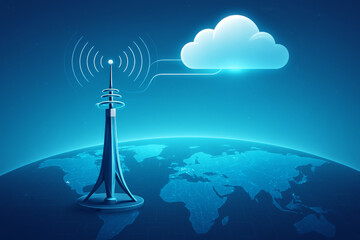 Leinwandbilder - cloud gaming and latency concept. Digital communication tower connected to cloud over a global map.