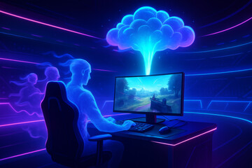 Leinwandbilder - cloud gaming and latency concept. Digital gamer immersed in a virtual cloud environment.