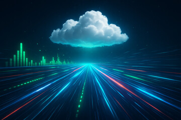 Leinwandbilder - cloud gaming and latency concept. Futuristic cloud above a glowing digital landscape with vibrant data streams.