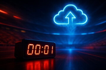 Poster - cloud gaming and latency concept. Digital timer with cloud upload icon in a dramatic setting.