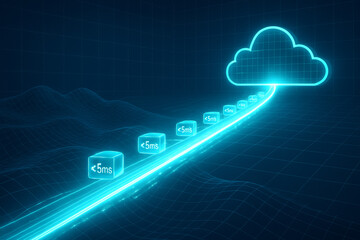 Aufkleber - cloud gaming and latency concept. Digital cloud computing with data flow visualized in neon blue.